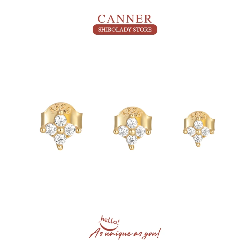 

CANNER Mini 3 pcs Gold/Silver/925 Sterling Silver Stud Earrings for Women Small Floral and Diamond Studded Zircon Studs Ear