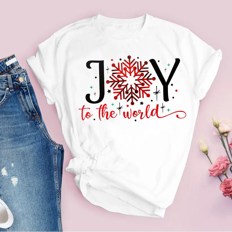

Women T-shirt Print Plaid Joy Snowflake Style Cute Holiday Christmas Top Female Tshirt O-neck Casual Tee Ladies Clothes