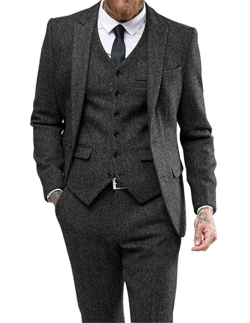 Men's Suits 3 Pieces Black Wool Herringbon Slim Fit Casual Formal Business Groomsmen Tweed Tuxedos for Wedding Blazer+Pants+Vest
Men's Suits 3 Pieces Black Wool Herringbon Slim Fit Casual Formal Business Groomsmen Tweed Tuxedos for Wedding Blazer+Pants+Vest