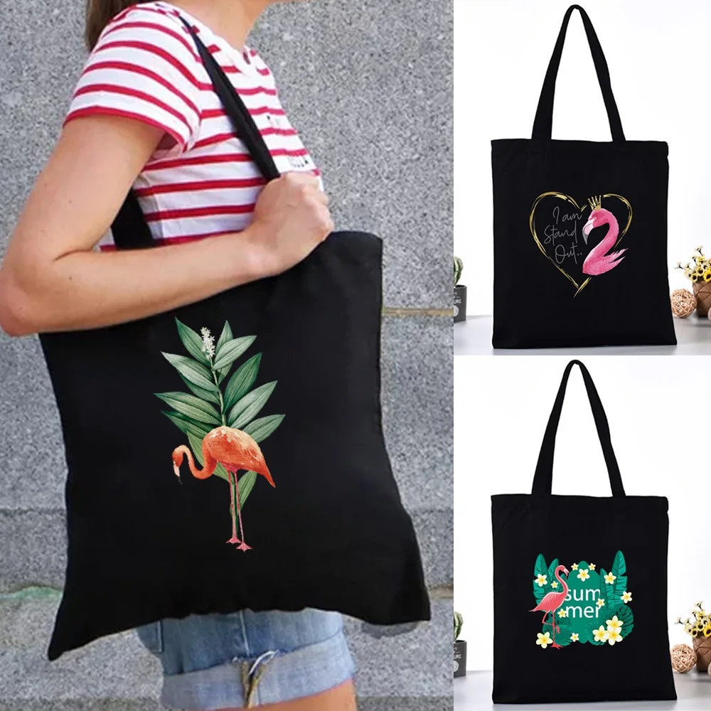 

Fashion Women Shoulder Canvas Bag Grocery Shopping Bags Folding Casual Handbags Large Capacity Girls Flamingo Printing Tote Pack