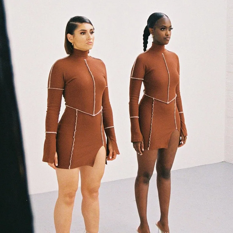 Side Split Patchwork Bodycon Dresses Women Long Sleeve Turtleneck Club Partywear Clothing Fashion Brown Mini Dress 2021 New
Side Split Patchwork Bodycon Dresses Women Long Sleeve Turtleneck Club Partywear Clothing Fashion Brown Mini Dress 2021 New
