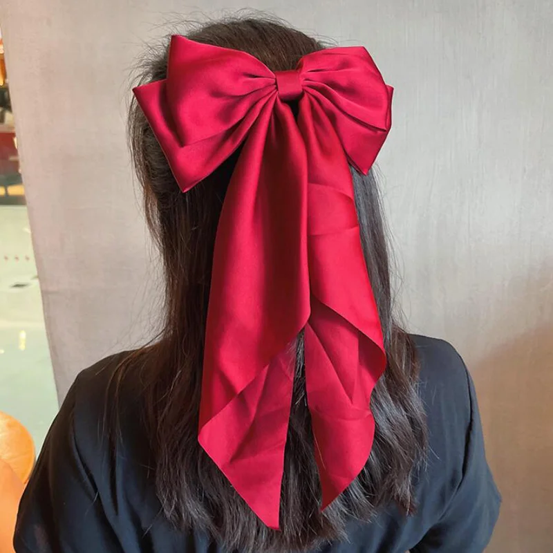 

New Large Satin Bow Hairclip Girls Trendy Hairpin Women Chiffon Long Ribbon Ponytail Clip Barrettes Oversized Hair Accessories