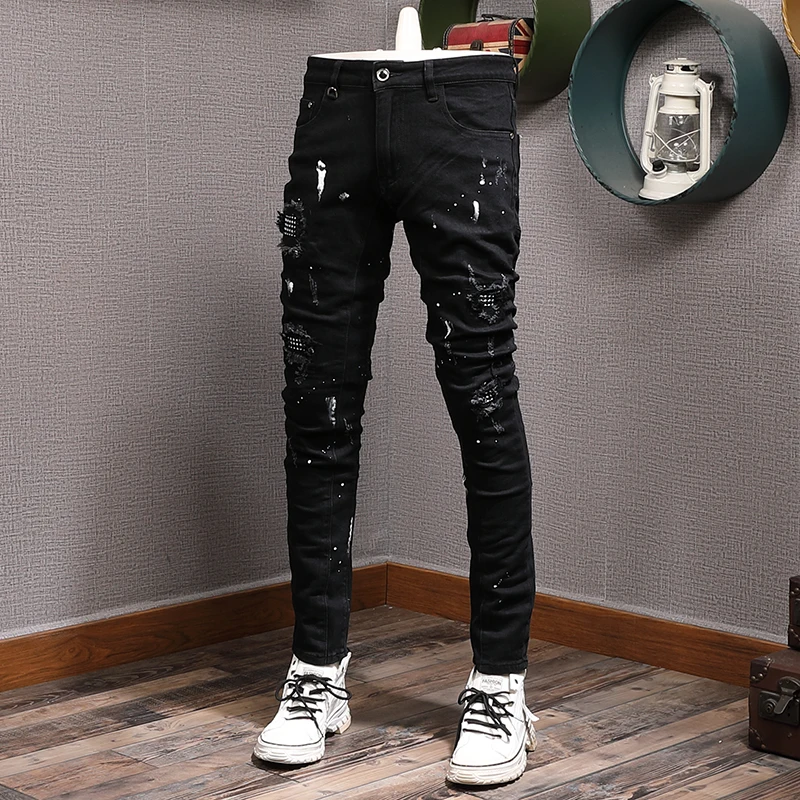 Streetwear Fashion Men Jeans Black Color Stretch Elastic Slim Fit Painted Ripped Jeans Men Patch Designer Hip Hop Pants Hombre
Streetwear Fashion Men Jeans Black Color Stretch Elastic Slim Fit Painted Ripped Jeans Men Patch Designer Hip Hop Pants Hombre