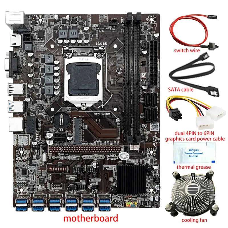 B250C 12 Card BTC Mining Motherboard+Fan+Thermal Grease+Power Cable+SATA/Switch Cable 12 USB3.0(PCIE) LGA1151 DDR4 MSATA
B250C 12 Card BTC Mining Motherboard+Fan+Thermal Grease+Power Cable+SATA/Switch Cable 12 USB3.0(PCIE) LGA1151 DDR4 MSATA