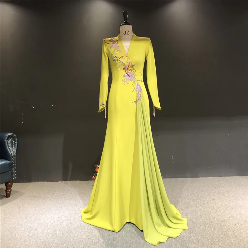 100%Real Pictures Yellow Green Color Satin Full Sleeves V-neck Custom Made Mermaid Floor Formal Prom Party Bridal Evening Dress
100%Real Pictures Yellow Green Color Satin Full Sleeves V-neck Custom Made Mermaid Floor Formal Prom Party Bridal Evening Dress