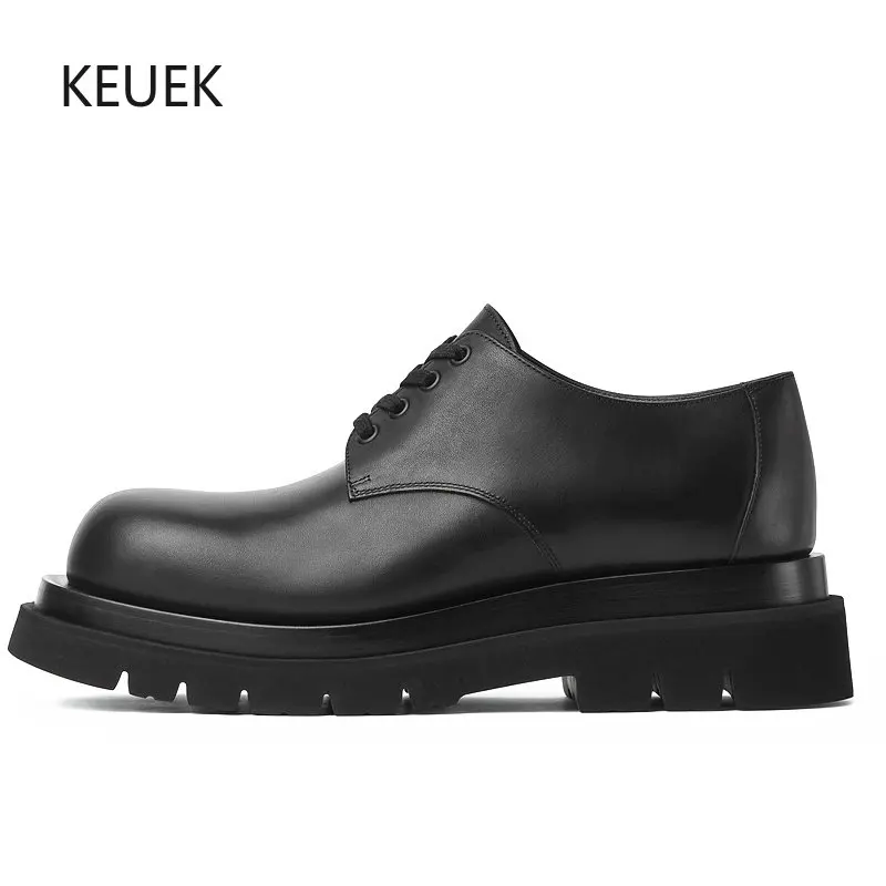 

British Style Luxury Men Derby Shoes Genuine Leather Thick Sole Casual Business Shoes Lace-up Dress Platform Shoes Flats 3C
