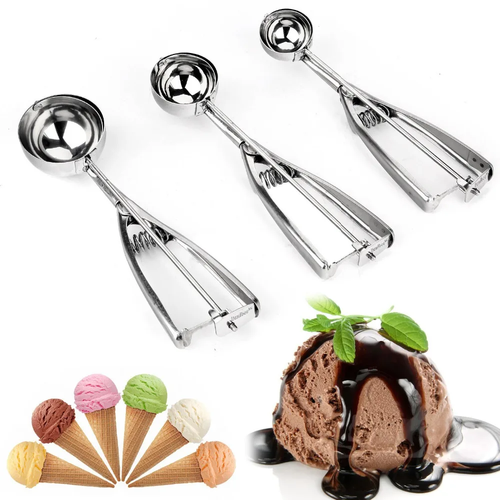 

3 Size Ice Cream Scoop Stainless Steel With Trigger Cookie Mold Non-Stick Watermelon Digger Spoon Frozen Cooking Decorating Tool