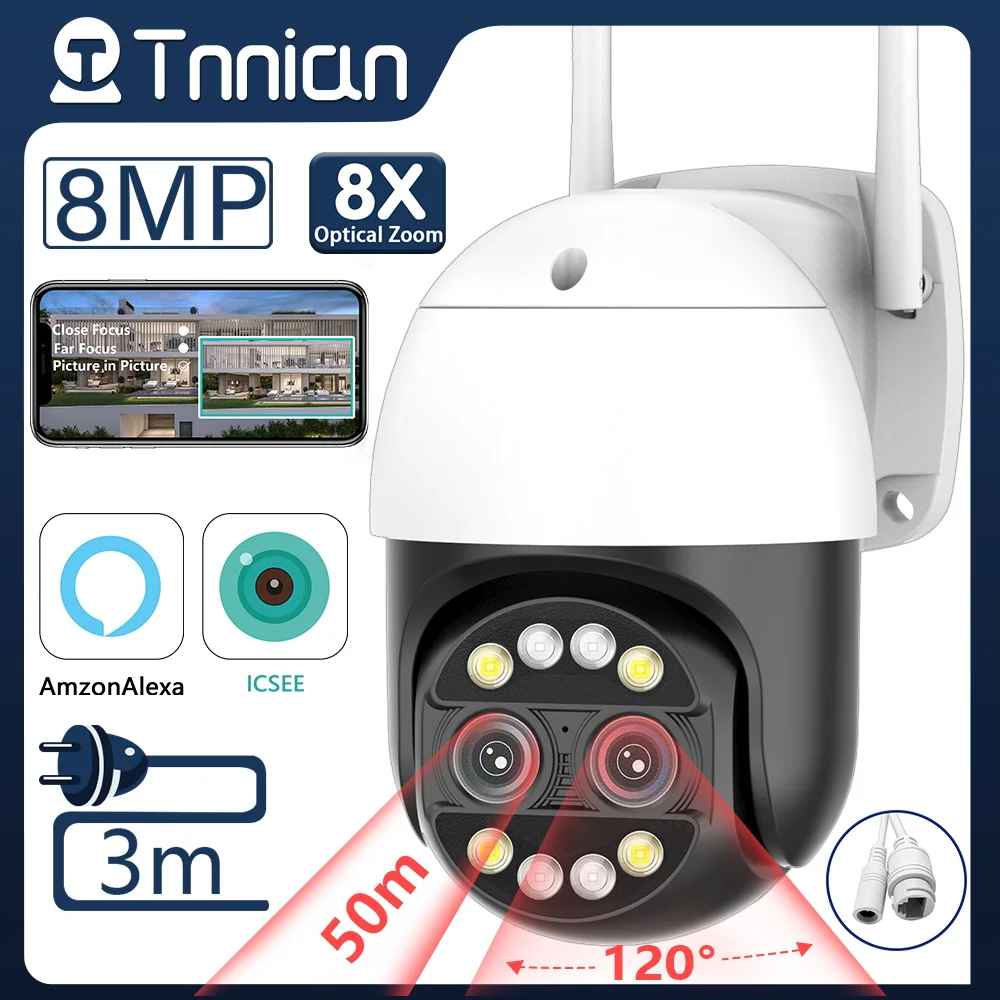 

Tnnian 4K 8MP PTZ IP Camera Dual Lens 8X Zoom WiFi Outdoor Security Cam 2K 4MP CCTV Surveillance AI Human Detection Alexa ICsee