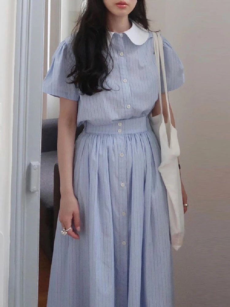 Women Dresses Korean Chic Summer Simple Lapel Loose Short-sleeved Striped Shirt + High Waist Single-breasted Long Dresses Women
Women Dresses Korean Chic Summer Simple Lapel Loose Short-sleeved Striped Shirt + High Waist Single-breasted Long Dresses Women