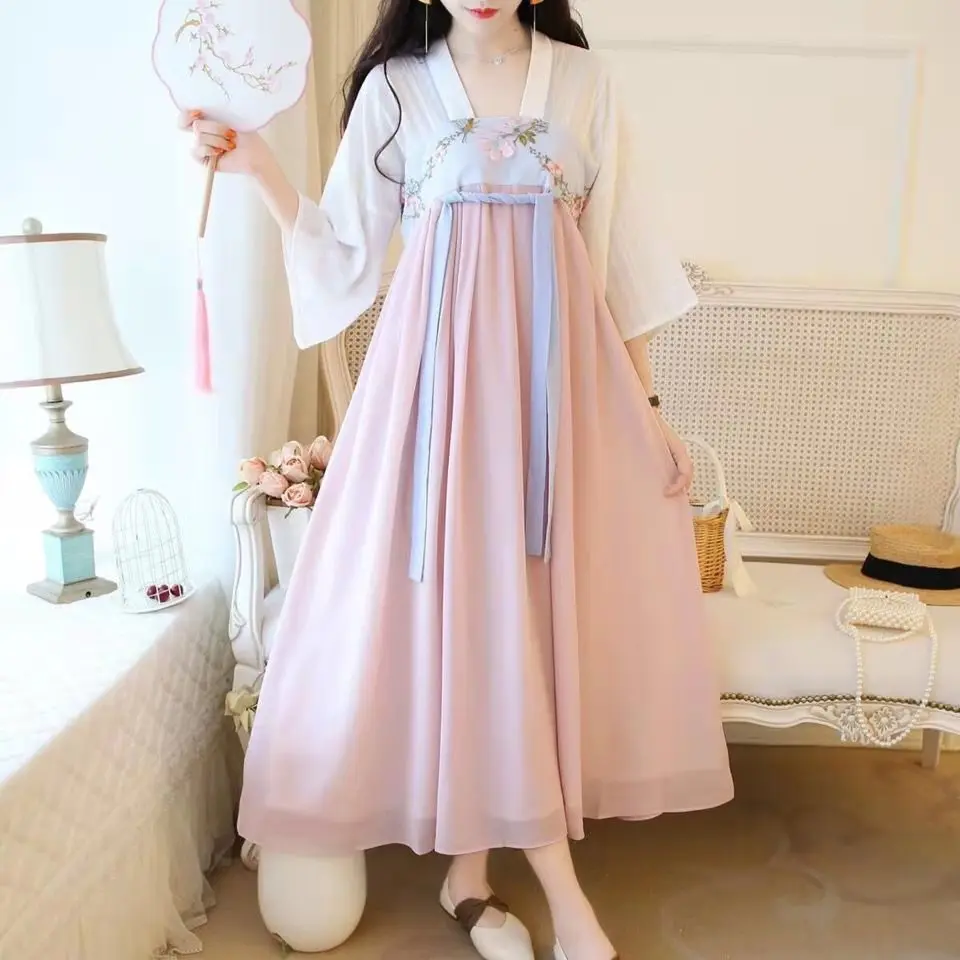 Improved Hanfu Dresses for Women Spring Pink Blue Embroidery Ancient Chinese Fairy High Waist Medium Sleeve Han Element Outfits
Improved Hanfu Dresses for Women Spring Pink Blue Embroidery Ancient Chinese Fairy High Waist Medium Sleeve Han Element Outfits