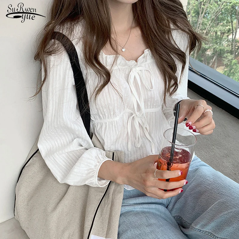 

Nova primavera linho camisa de algodão topos casuais meninas blusa branca feminina manga longa coreano blusas femininas femme