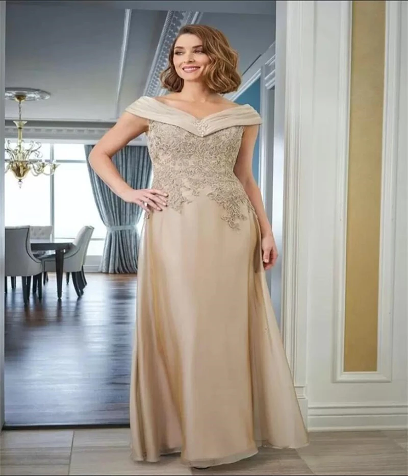 Mother of the Bride Dresses Elegant Champagne Cap Sleeves Chiffon Lace Appliques Floor Length Evening Party Prom robes de soirée 
Mother of the Bride Dresses Elegant Champagne Cap Sleeves Chiffon Lace Appliques Floor Length Evening Party Prom robes de soirée
