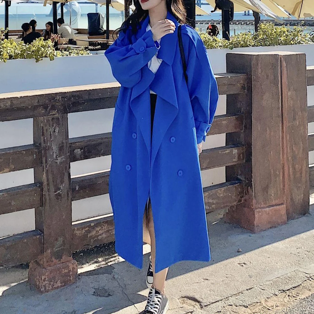 Women Spring Fashion Trench Coat Turn Down Collar Loose Style Blue Color Cool Trench Coat Femme Casaco Abrigo Streetwear
Women Spring Fashion Trench Coat Turn Down Collar Loose Style Blue Color Cool Trench Coat Femme Casaco Abrigo Streetwear