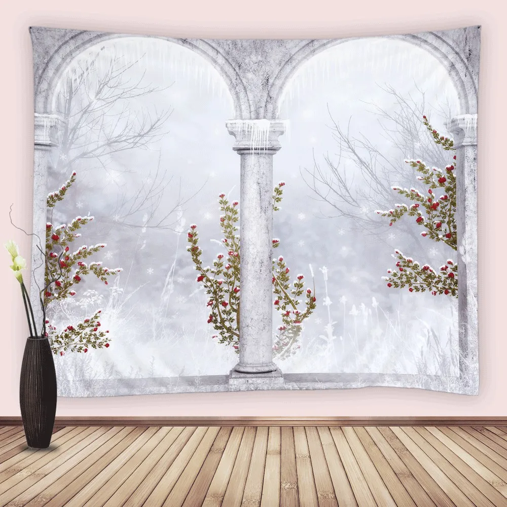 

Winter Scenery Snow Tapestry Wall Hanging Fabric Fantasy Mushroom Trees Forest Tapestries Blanket Home Living Room Bedroom Decor