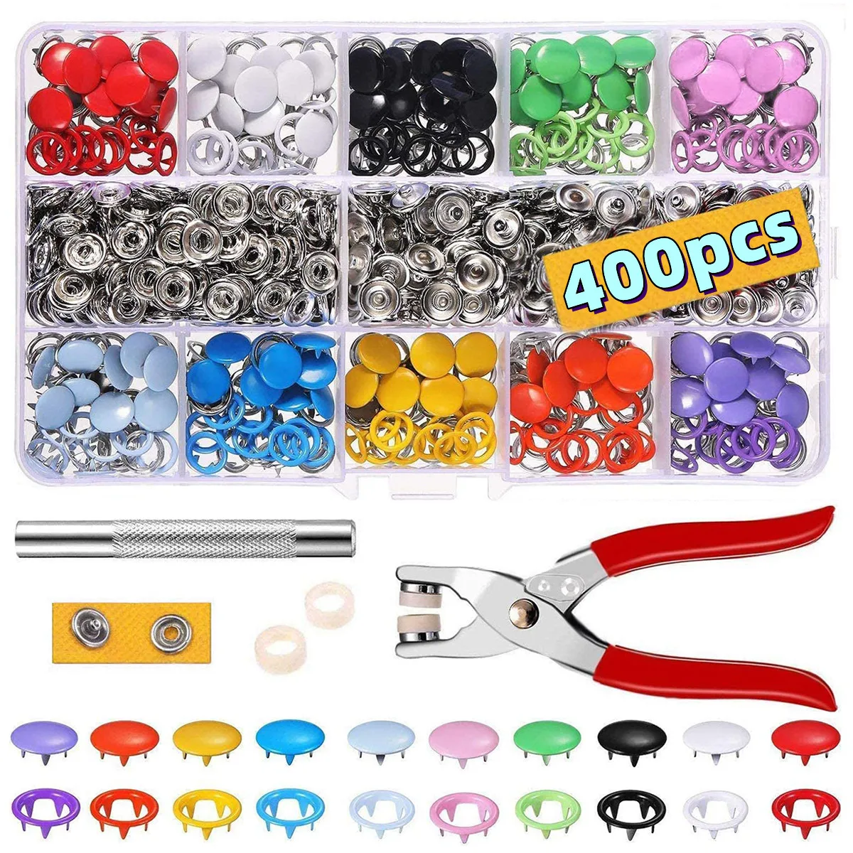 100Set 10Color Metal Sewing Buttons Snap Fasteners DIY Kit Plier Tool Hollow/Solid Prong Press Studs for Installing Clothes Bags
100Set 10Color Metal Sewing Buttons Snap Fasteners DIY Kit Plier Tool Hollow/Solid Prong Press Studs for Installing Clothes Bags