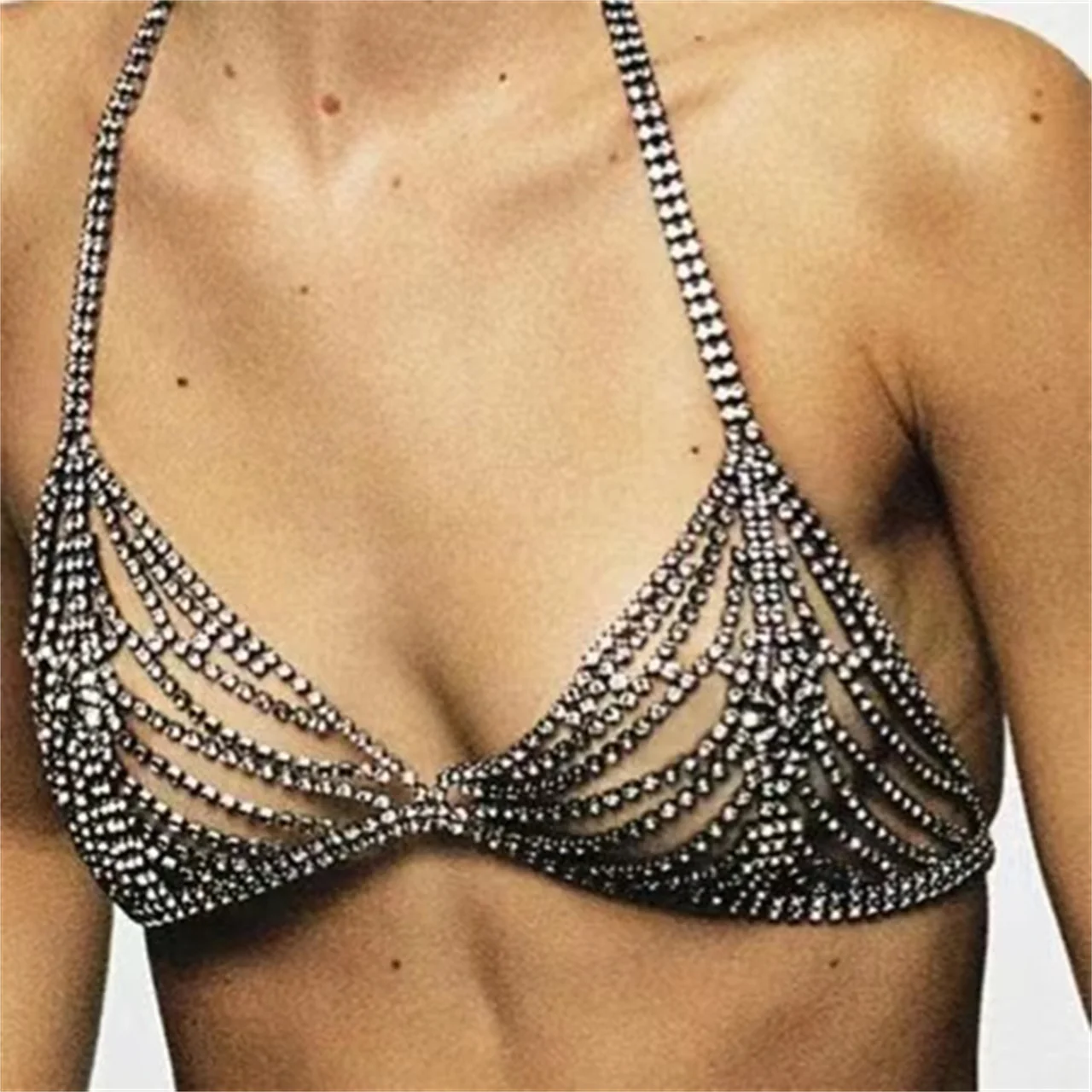 Fashion mesh Rhinestone sling body chain women's underwear bikini Crystal Cross breast chain bra top nightclub fun gift accessor
Fashion mesh Rhinestone sling body chain women's underwear bikini Crystal Cross breast chain bra top nightclub fun gift accessor