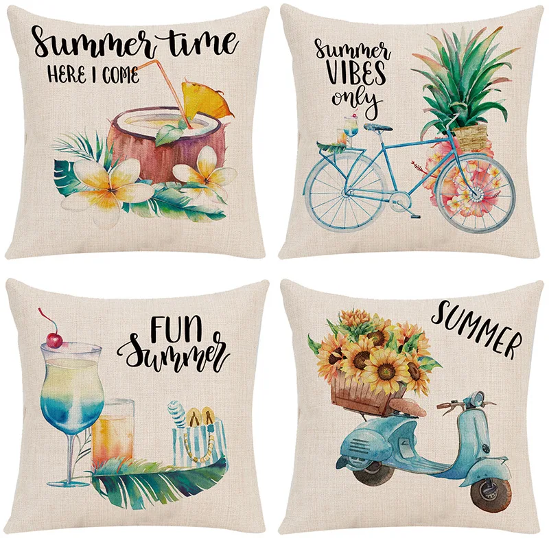 

Coconut Bicycle Linen Cushion Cover 45X45cm Summer Beach Vacation Pillow Case Home Decorative Pillows Cover For Sofa Home Decor