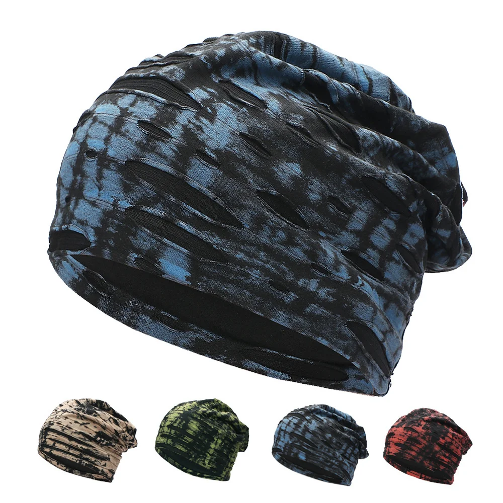 

Retro Tie-dye Hole Men's Skullies Beanies Knit Hat Winter Bonnet Warm Wrap Pile Ski Cap Hip Hop Outdoor Breathable Sleeping