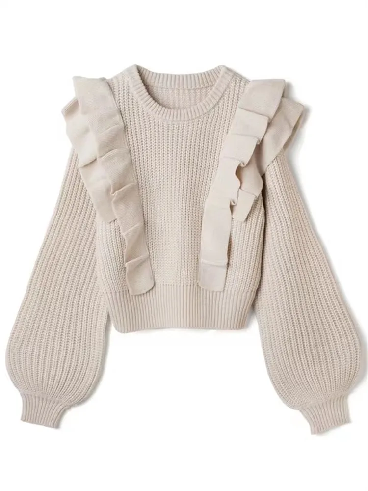 Женский осенне-зимний вязаный свитер с большими оборками 
Женский осенне-зимний вязаный свитер с большими оборками