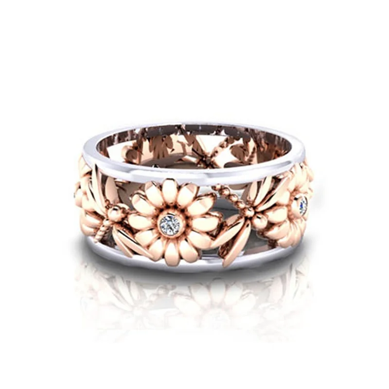 

Cute Qualities Silver Gold Colors Rings for Women Flower Trendy Metal Inlaid White Stone Wedding Engagement Jewelry