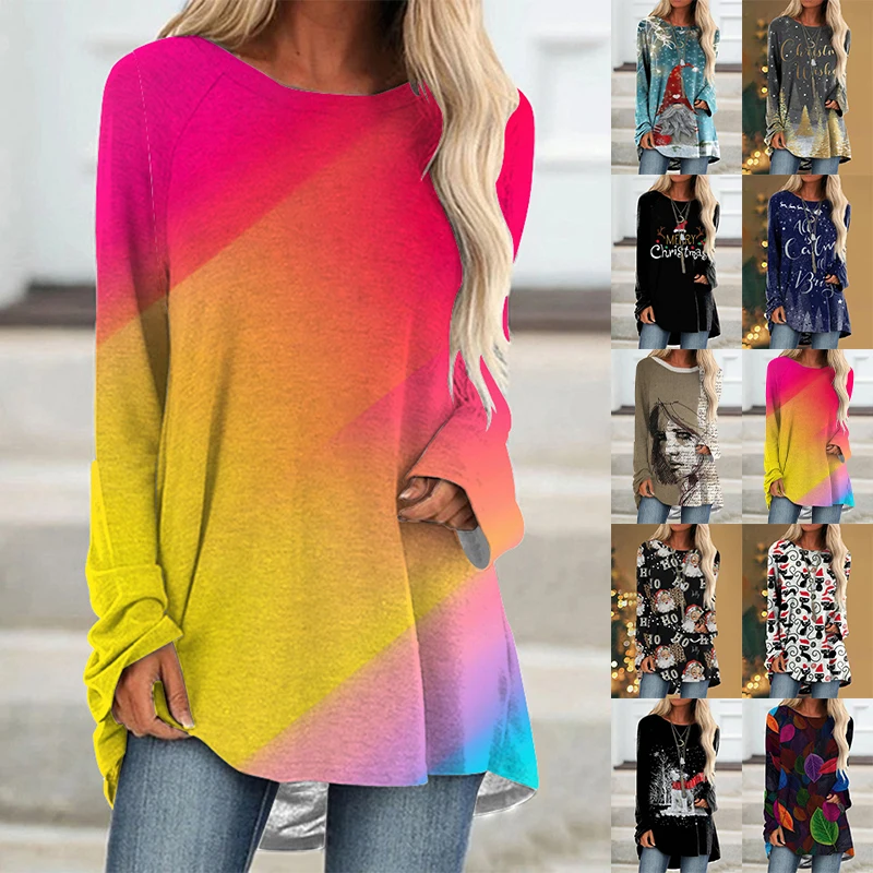 

Women's T shirt Tee Graphic Patterned Gradient Casual Weekend Painting Long Sleeve Print Round Neck Basic Essential Tops XS-8XL