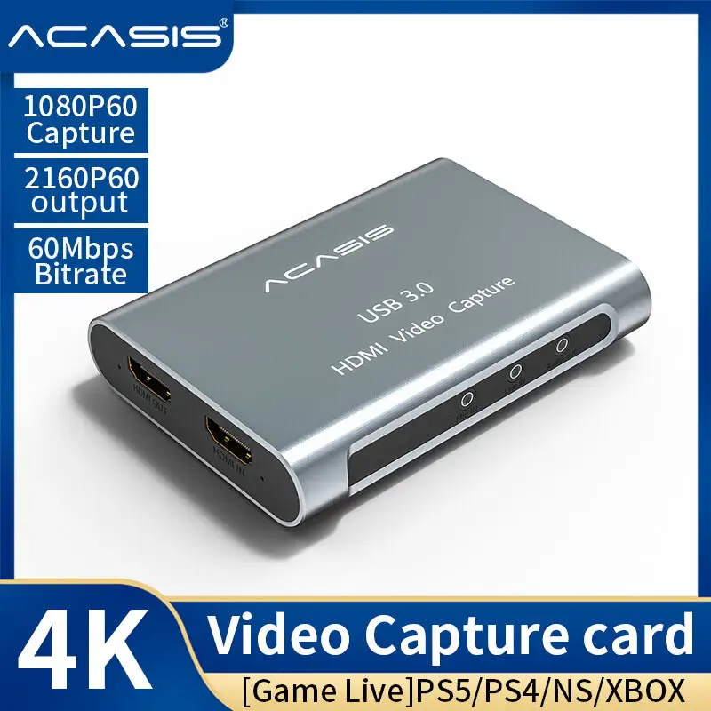 Видеозахват Acasis 4K 60 Гц, USB 3,0, HDMI-совместимый, 1080P для записи игр, прямой трансляции, USB 3,0, захват для PS4 камеры 
Видеозахват Acasis 4K 60 Гц, USB 3,0, HDMI-совместимый, 1080P для записи игр, прямой трансляции, USB 3,0, захват для PS4 камеры