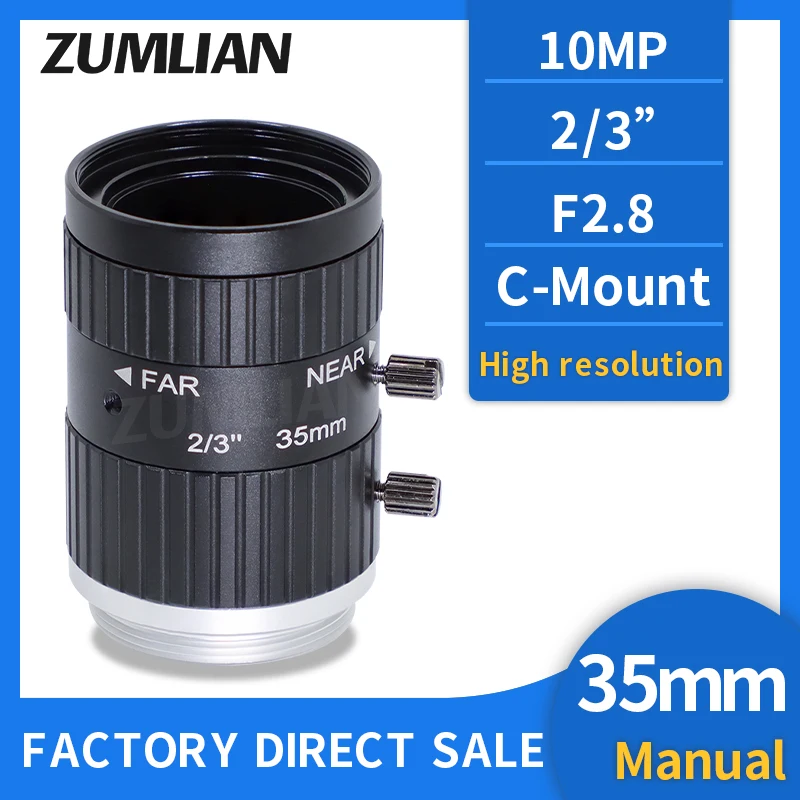 

FA Lens 35mm 10MP High resolution lens ZUMLIAN C-mount lens Manual iris machine vision lens 2/3" F2.8,Used in Industrial Camera