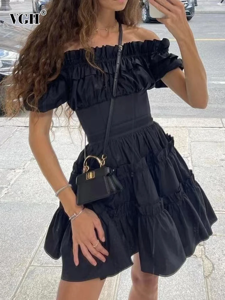 VGH Slash Neck Solid Dress For Women Off Shoulder Short Sleeve High Waist Spliced Ruched Slim A Line Mini Dresses Female Clothes
VGH Slash Neck Solid Dress For Women Off Shoulder Short Sleeve High Waist Spliced Ruched Slim A Line Mini Dresses Female Clothes