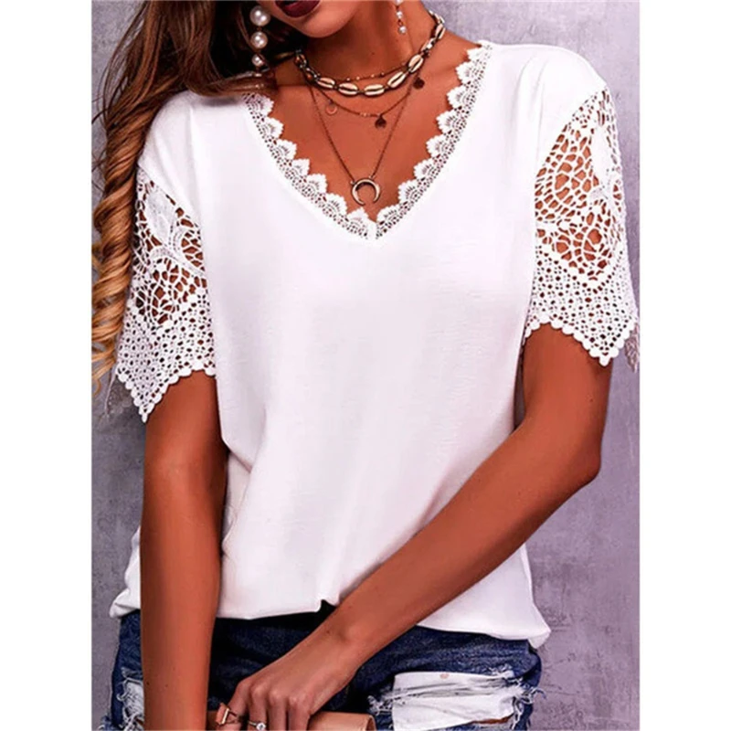

Sandro Rivers Summer New Lace V-Neck Short Sleeve T-Shirt Women's Vintage Solid Color Hollow Out Loose Lazy Casual Top Tees