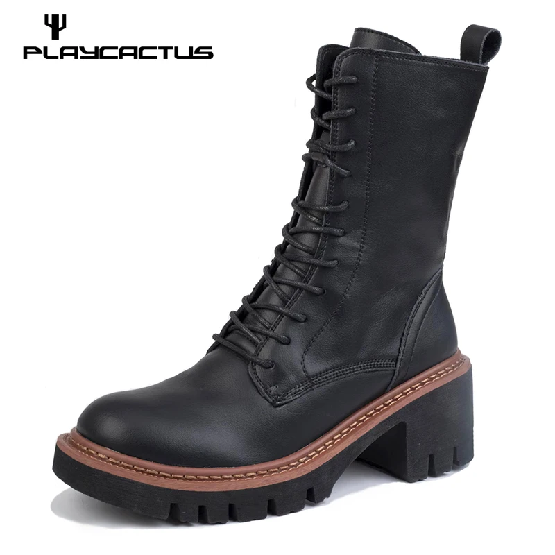 PLAYCACTUS/ Women Platform Boots Chunky Motorcycle Genuine Leather Booties Fashion Female Height Flat Shoes Ladies Botas Comba
PLAYCACTUS/ Women Platform Boots Chunky Motorcycle Genuine Leather Booties Fashion Female Height Flat Shoes Ladies Botas Comba
