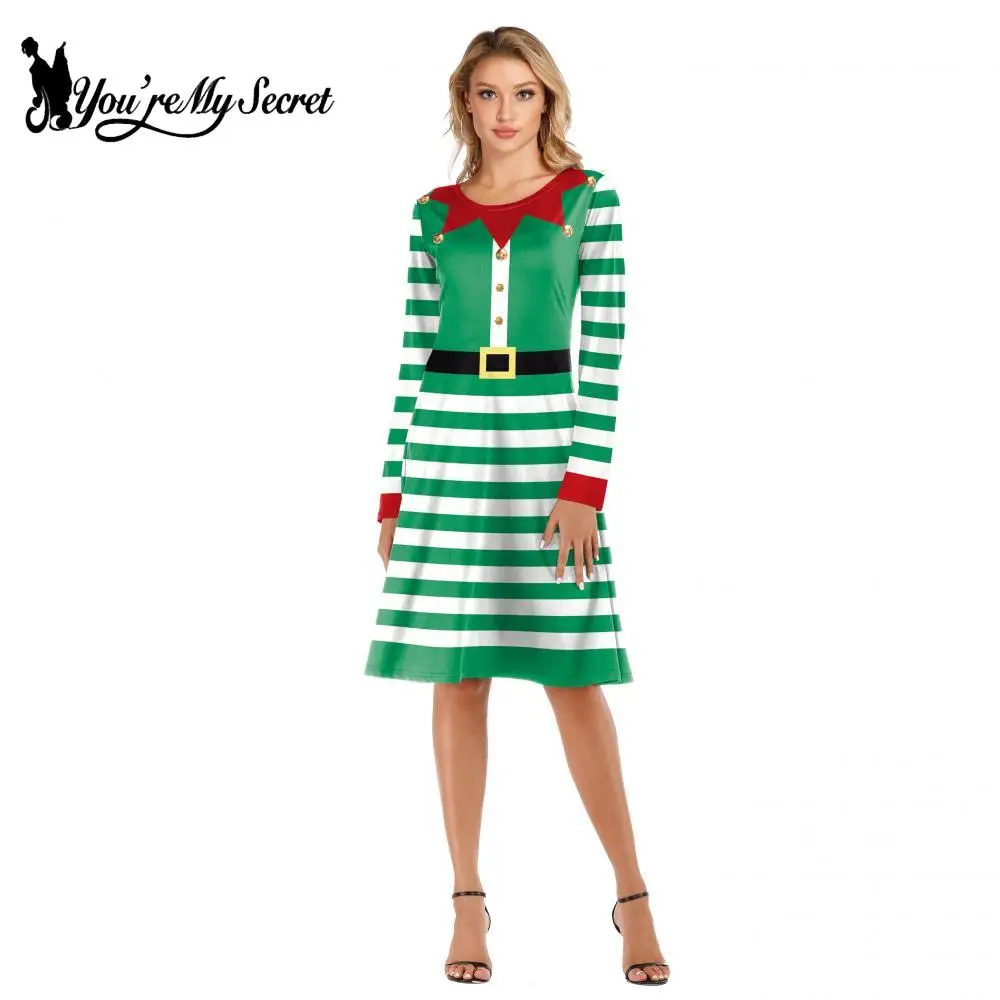 

Рождественское платье [You Are My Secret], женский костюм, облегающая пикантная пижама в полоску с длинным рукавом и 3D принтом, Женская праздничная одежда для взрослых