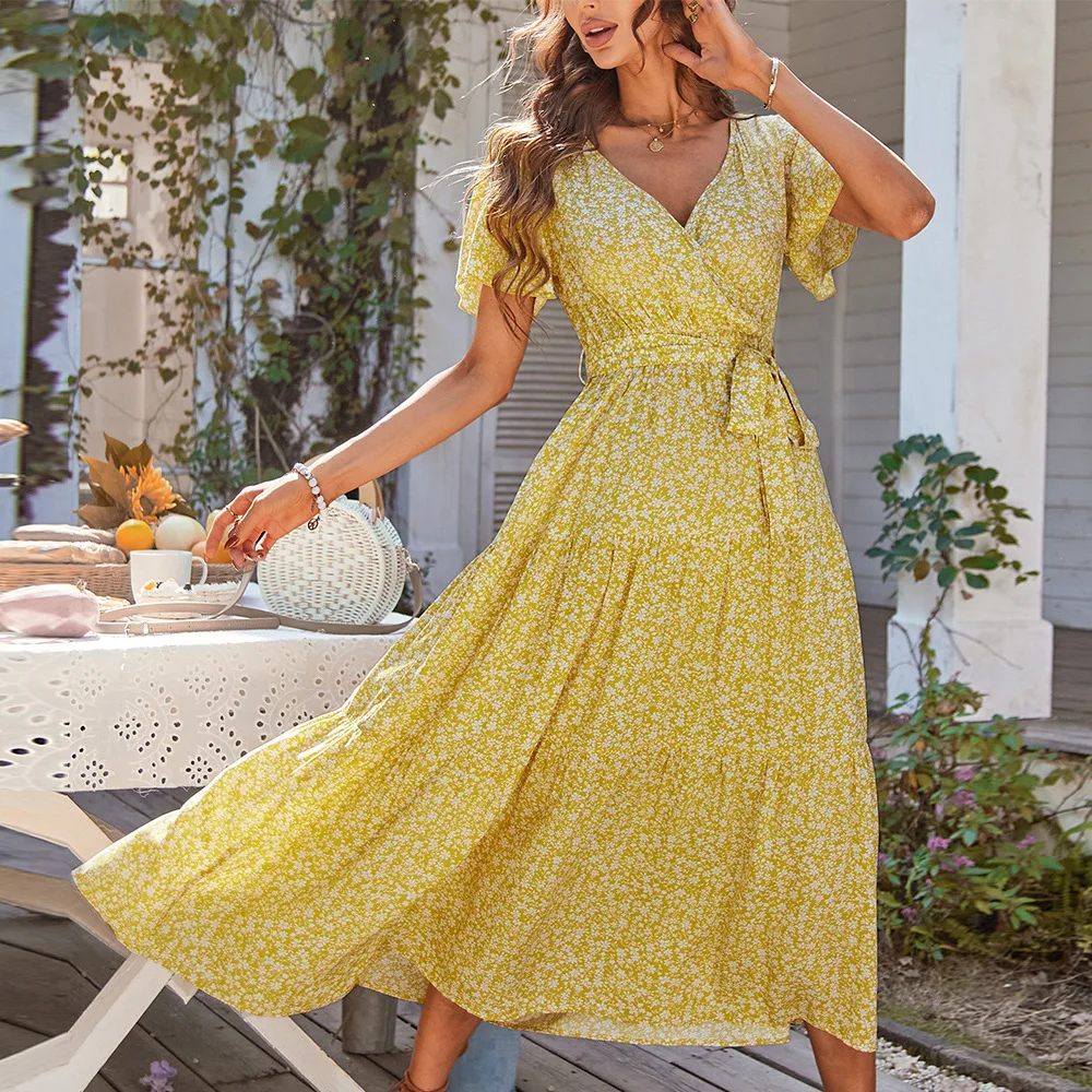 Yellow V Neck Flared Short Sleeve Casual Beach Dress Summer Slim Lace Up Midi Dress for Women Floral Print Pleated Boho Dresses
Yellow V Neck Flared Short Sleeve Casual Beach Dress Summer Slim Lace Up Midi Dress for Women Floral Print Pleated Boho Dresses