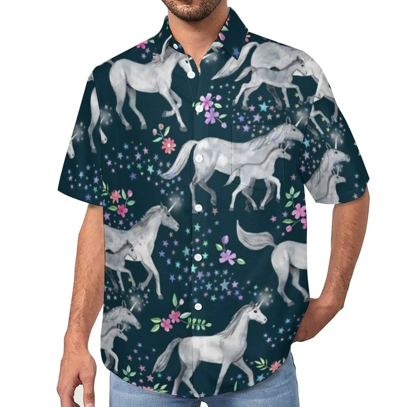 Белая пляжная рубашка с принтом лошади, летние повседневные рубашки с изображением единорогов и звезд, мужские уличные блузки с коротким рукавом, топы с графическим рисунком, большие размеры
Белая пляжная рубашка с принтом лошади, летние повседневные рубашки с изображением единорогов и звезд, мужские уличные блузки с коротким рукавом, топы с графическим рисунком, большие размеры