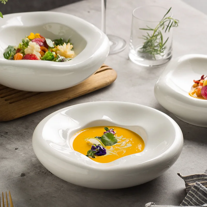 

Необычная белая керамическая тарелка в форме облака для супа, салата, домашняя глубокая тарелка, креативная Западная тарелка, столовая посуда для ресторана