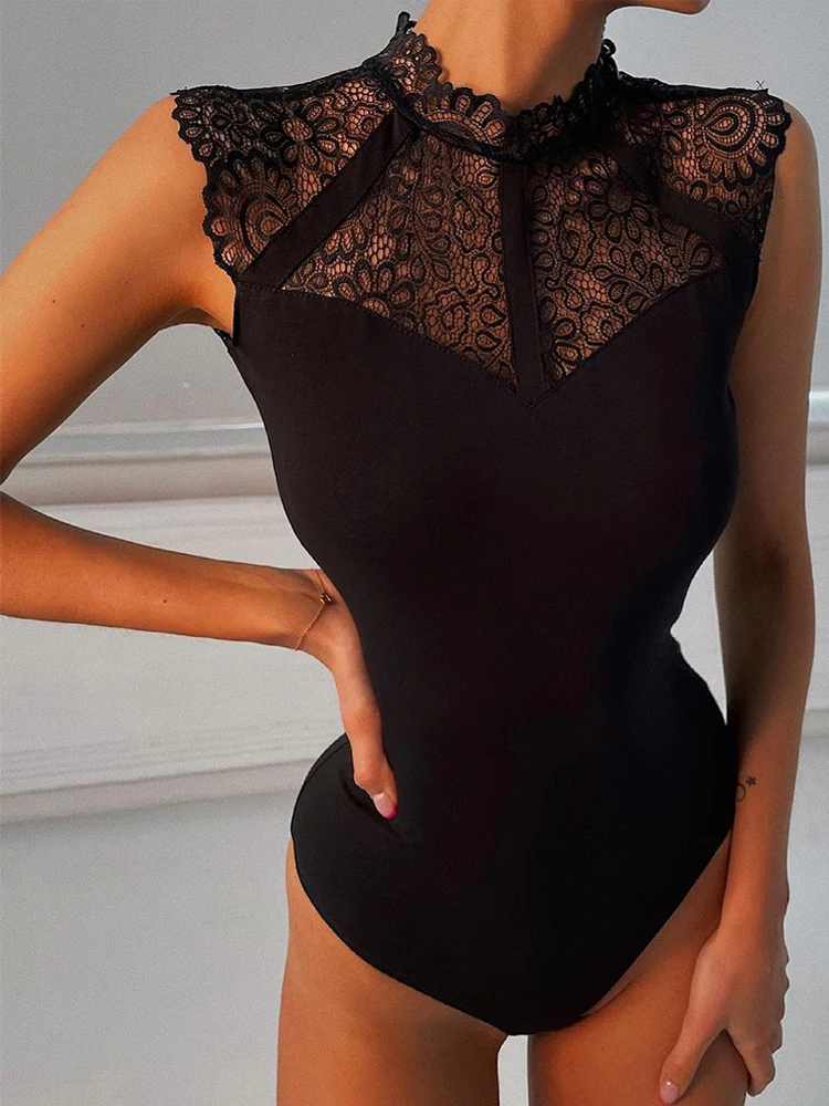 

Women Sexy Black Lace Bodysuits Rompers Sleeveless Slinky Bodysuit