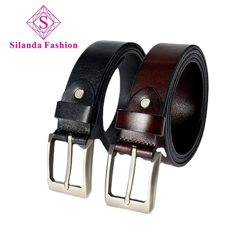 

Silanda Fashion Trendy Men's Black Business Head Layer Cowhide Alloy Pin Buckle Belts Boy's Genuine Leather Casual Waist Band