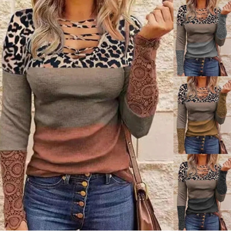Woman Leopard T shirts Cross V Neck Blouse Patchwork Long Sleeve Stripe Blouse Female Slim Sexy Cross Bandage Deep V Neck Tops
Woman Leopard T shirts Cross V Neck Blouse Patchwork Long Sleeve Stripe Blouse Female Slim Sexy Cross Bandage Deep V Neck Tops