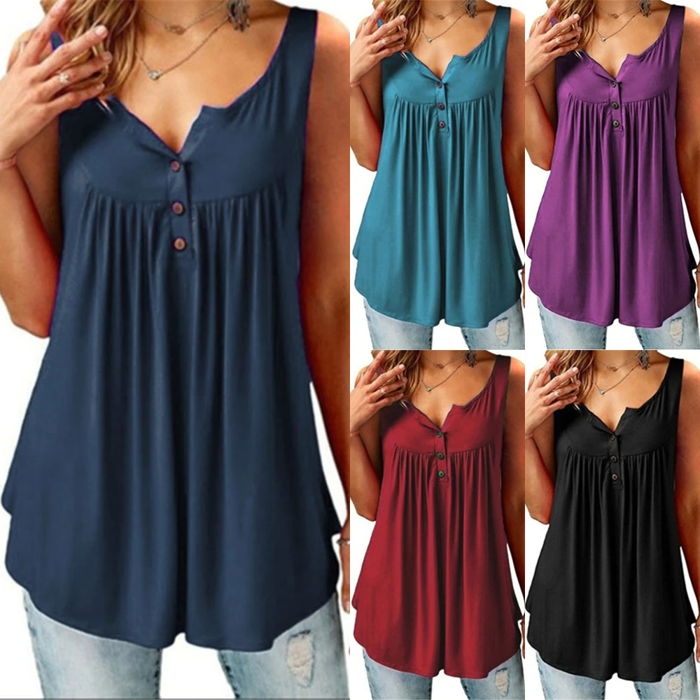 Solid Color Tanks Womens Round Neck Sleeveless Vest Loose Pullover Smocked Button Loose Tank Top 2022 New T Shirt
Solid Color Tanks Womens Round Neck Sleeveless Vest Loose Pullover Smocked Button Loose Tank Top 2022 New T Shirt