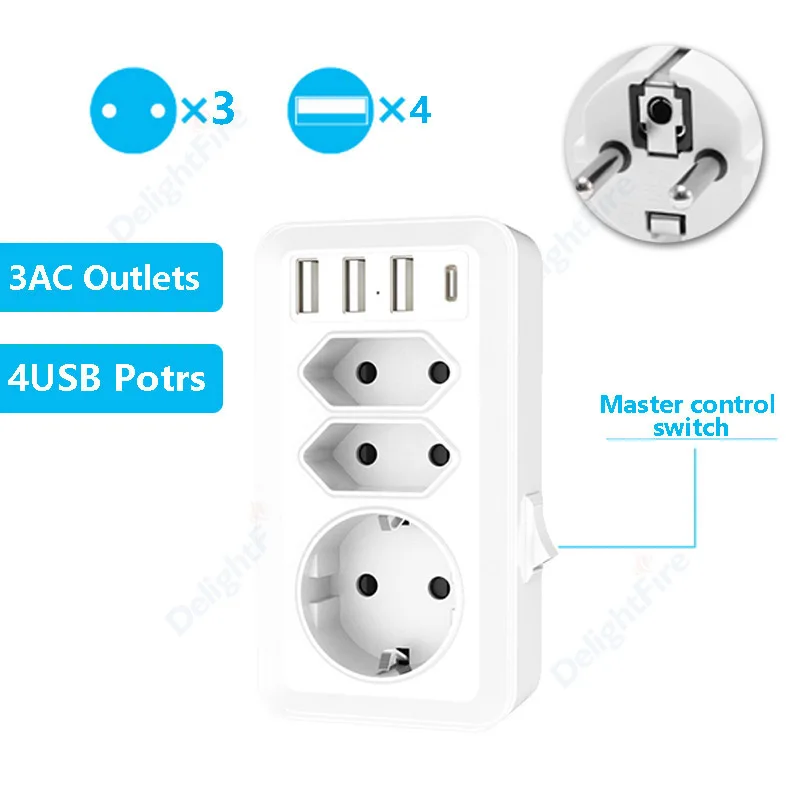 EU Standard Power Strip with 3 AC Outlets and 4 USB Port Swtich Control Wall Socket Power Extension Plug Adapter Converter CEFCC
EU Standard Power Strip with 3 AC Outlets and 4 USB Port Swtich Control Wall Socket Power Extension Plug Adapter Converter CEFCC