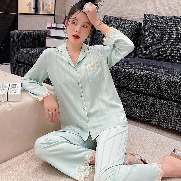 Pajamas Shirt Pant Long Sleeve Lace Edge Sleepwear Nightwear Home Clothing Lapel Striped Sleep Set Pyjamas Sexy Ice Silk mujer
Pajamas Shirt Pant Long Sleeve Lace Edge Sleepwear Nightwear Home Clothing Lapel Striped Sleep Set Pyjamas Sexy Ice Silk mujer