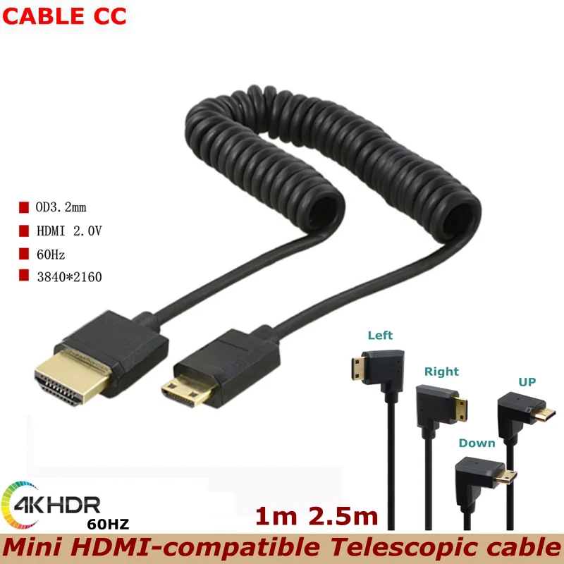 

New 4K*2K@60HZ OD 3.2mm Mini HDMI-compatibl to HDMI Spiral Cable HDMI 2.0 to 90 Degree Mini HDMI Tension Spring HD Cable 1M 2.5M