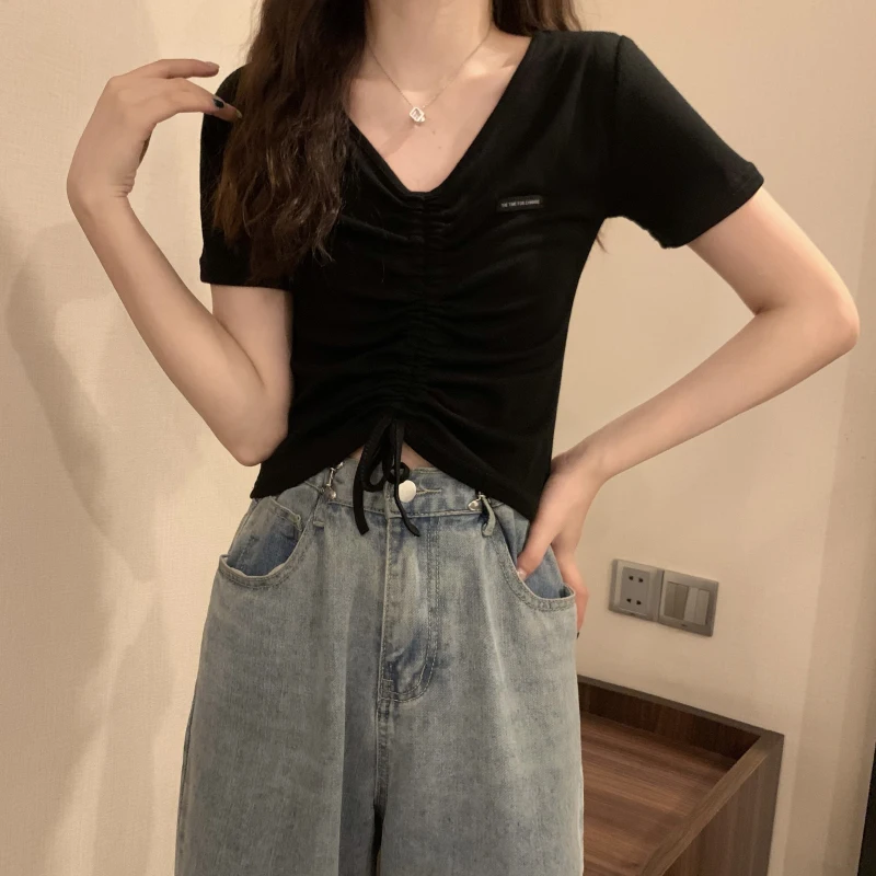7618 Summer Korean style drawstring cropped high waist short top v-neck clavicle short-sleeved t-shirt6 
7618 Summer Korean style drawstring cropped high waist short top v-neck clavicle short-sleeved t-shirt6