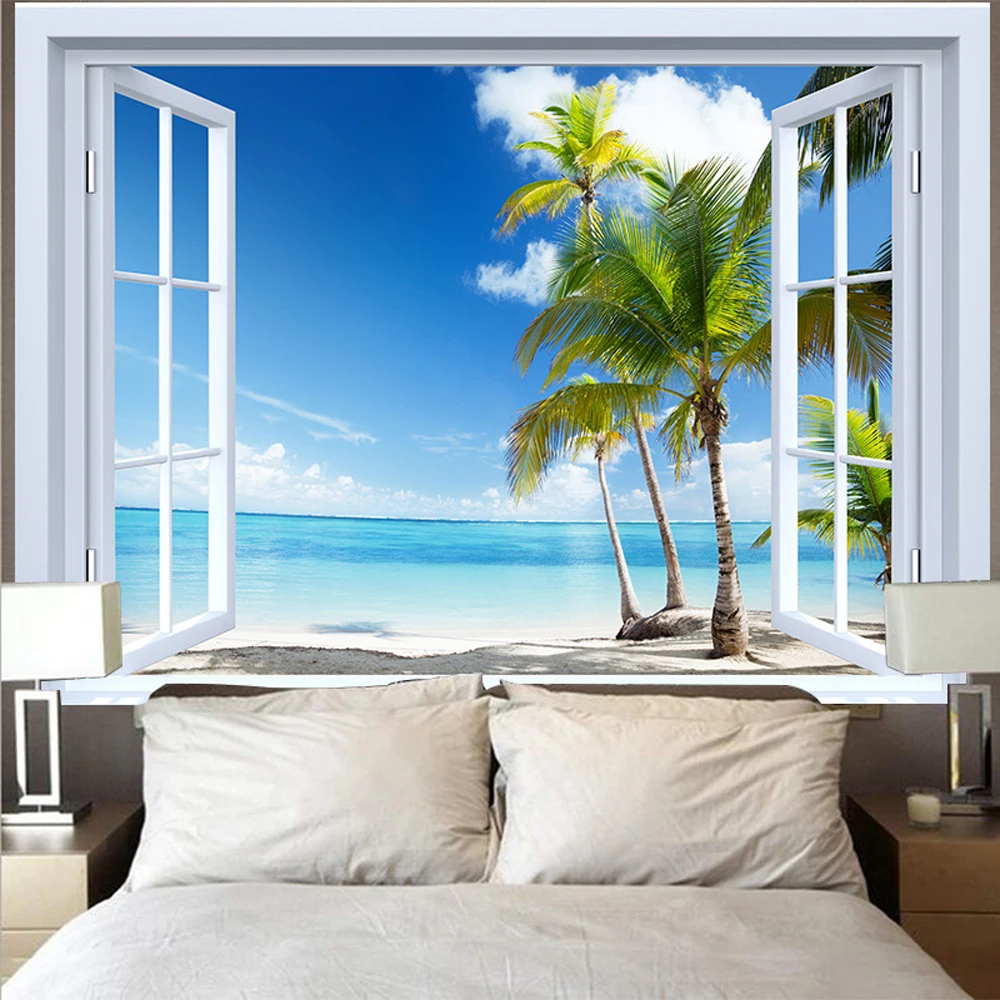 

3D Blue Sky Beach Coconut Tree Tapestry Ropic Scenery Sunset Seascape Tapestrie Wall Hanging Bedroom Living Room Dorm Home Decor
