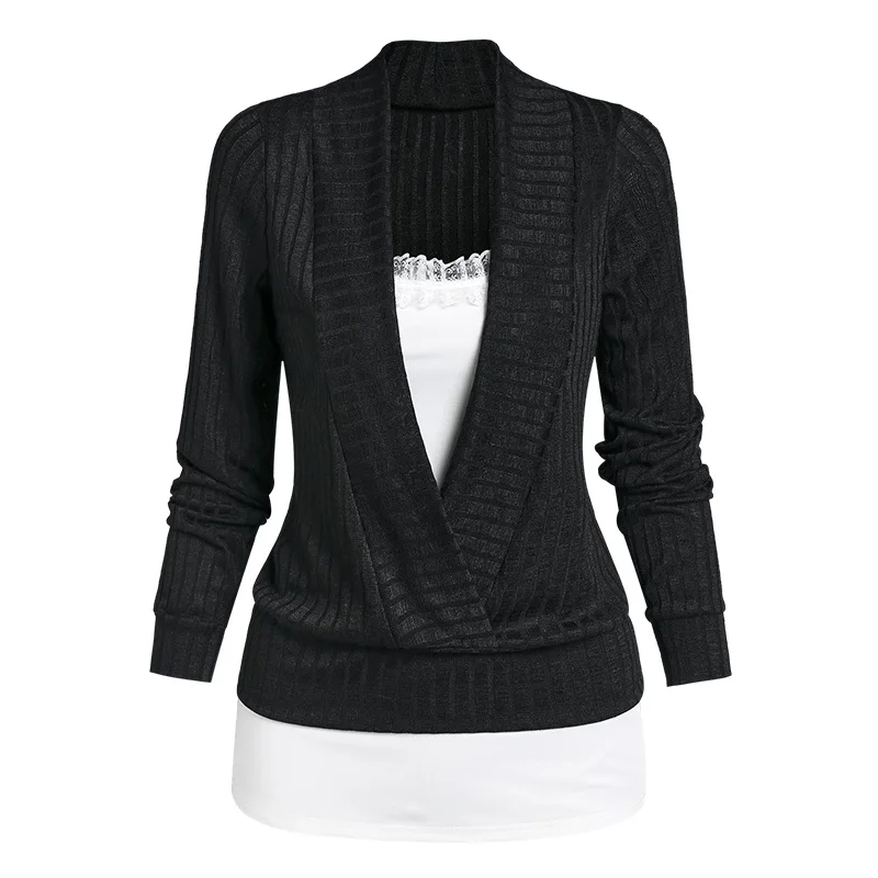 

Ribbed Plunge Neck Cardigan and Lace Insert Cami Top Women Pullover Sweater Winter Fall Tees