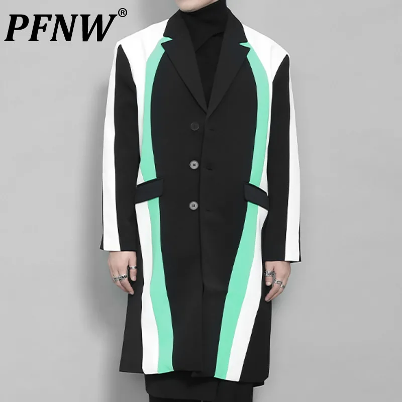 

PFNW Spring Autumn Men's Chic Personality Asymmetric Contrast Suit Casual Medium Long Turn-down Collar Tide Blazers Coat 12A7825