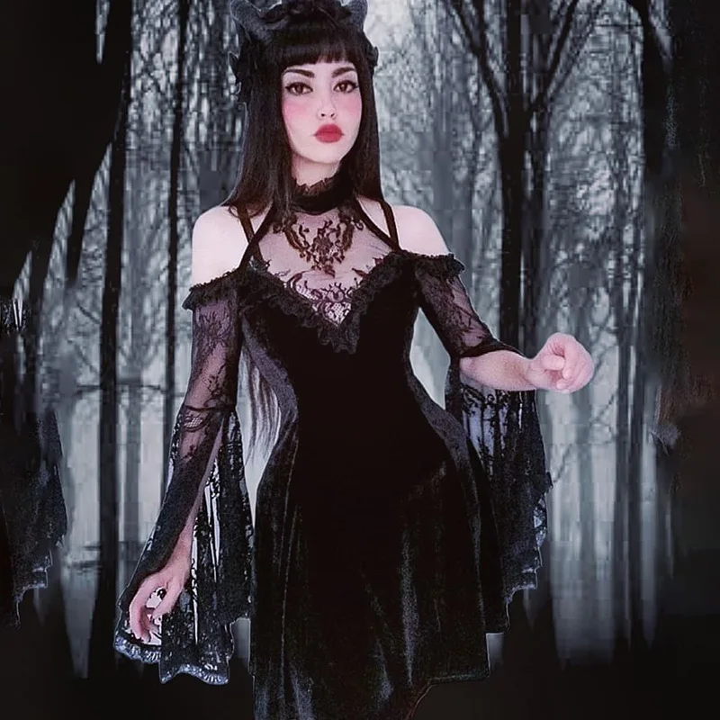 Women Sexy Velvet A-Line Dress Lolita Lace Patchwork Long Dleeves Hanging Neck Dress Women's Girl Party Gothic Clothing Black
Women Sexy Velvet A-Line Dress Lolita Lace Patchwork Long Dleeves Hanging Neck Dress Women's Girl Party Gothic Clothing Black
