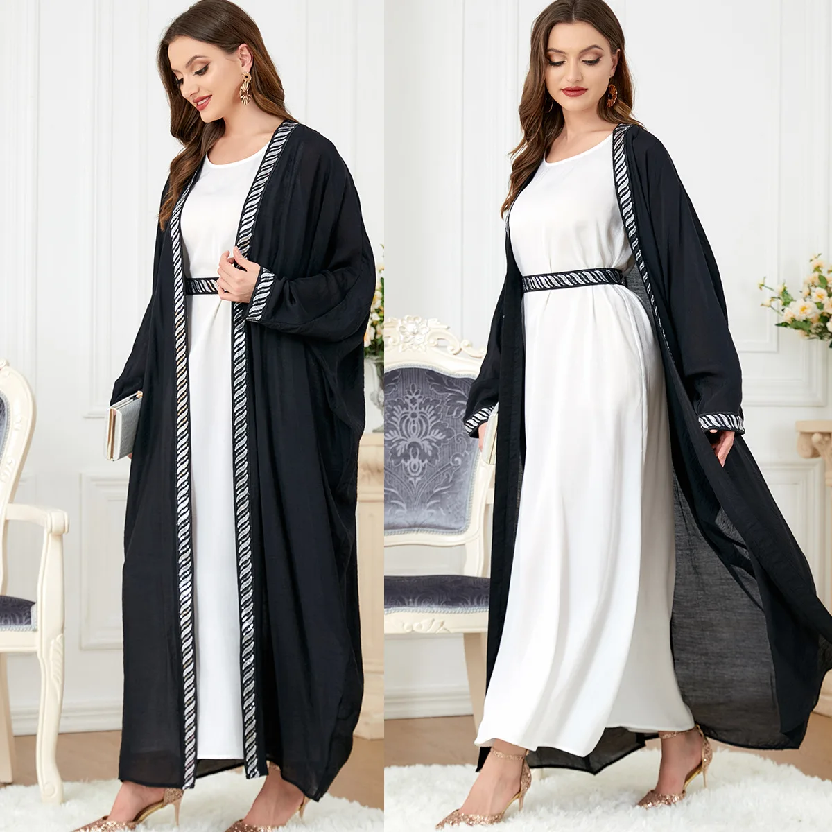 

Morocco Caftan Muslim Women Abaya Dress Set 2 Piece Muslim Sets Batwing Sleeve Tassel Abaya Belted Dress Eid Ramadan Robe Kaftan