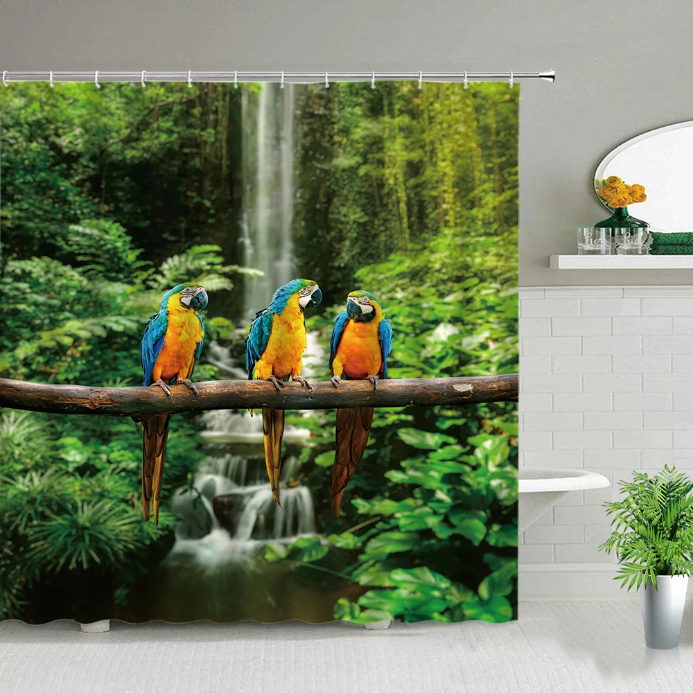 

Tropical Jungle Parrot Waterfall Scenery Shower Curtains Palm Tree Ocean Sandy Beach Bird Landscape Bathroom Decor Bath Curtain