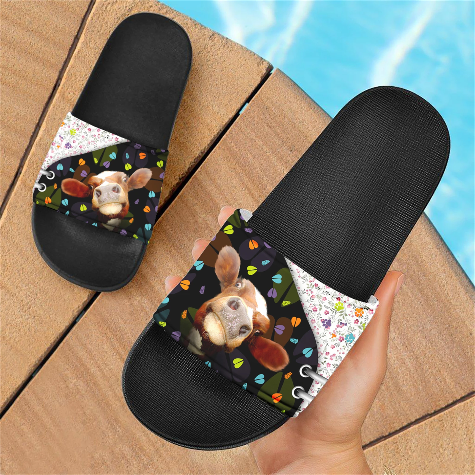 

ELVISWORDS Cartoon Cow Hoof 3D Cattle Children's Summer Sandals Comfortable And Soft Floral Ladies Home Slippers Causal Flats