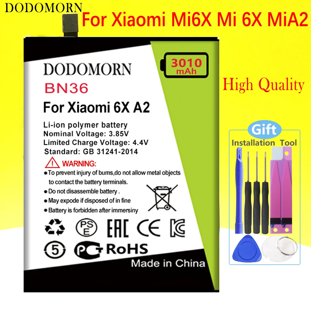 DODOMORN BN36 Battery For Xiaomi 6X A2 Mi6X MiA2 M6X MA2 High Quality Smartphone/Smart Mobile phone +Tracking Number
DODOMORN BN36 Battery For Xiaomi 6X A2 Mi6X MiA2 M6X MA2 High Quality Smartphone/Smart Mobile phone +Tracking Number